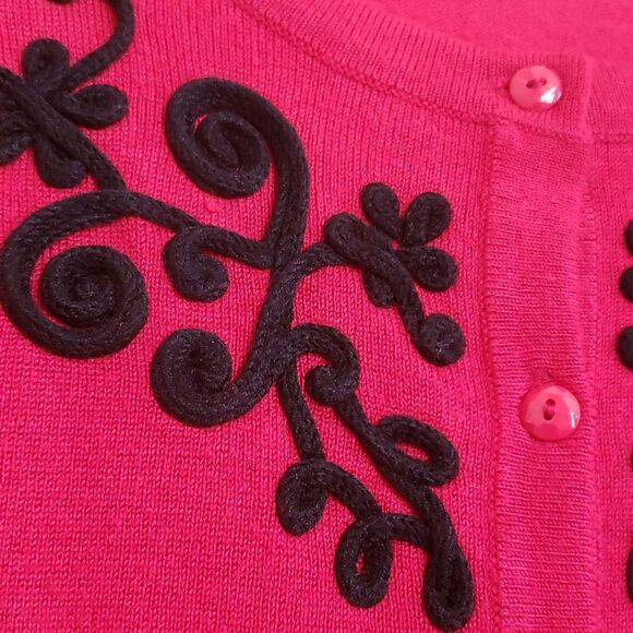 Vintage 80's Cardigan Sweater Black Soutache Red Faceted Buttons - Picture 8 of 14